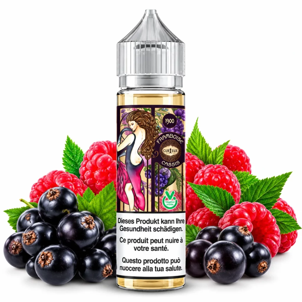 Flacon 50ml e-liquide Framboise Cassis Curieux Édition 1900 sur base végétale