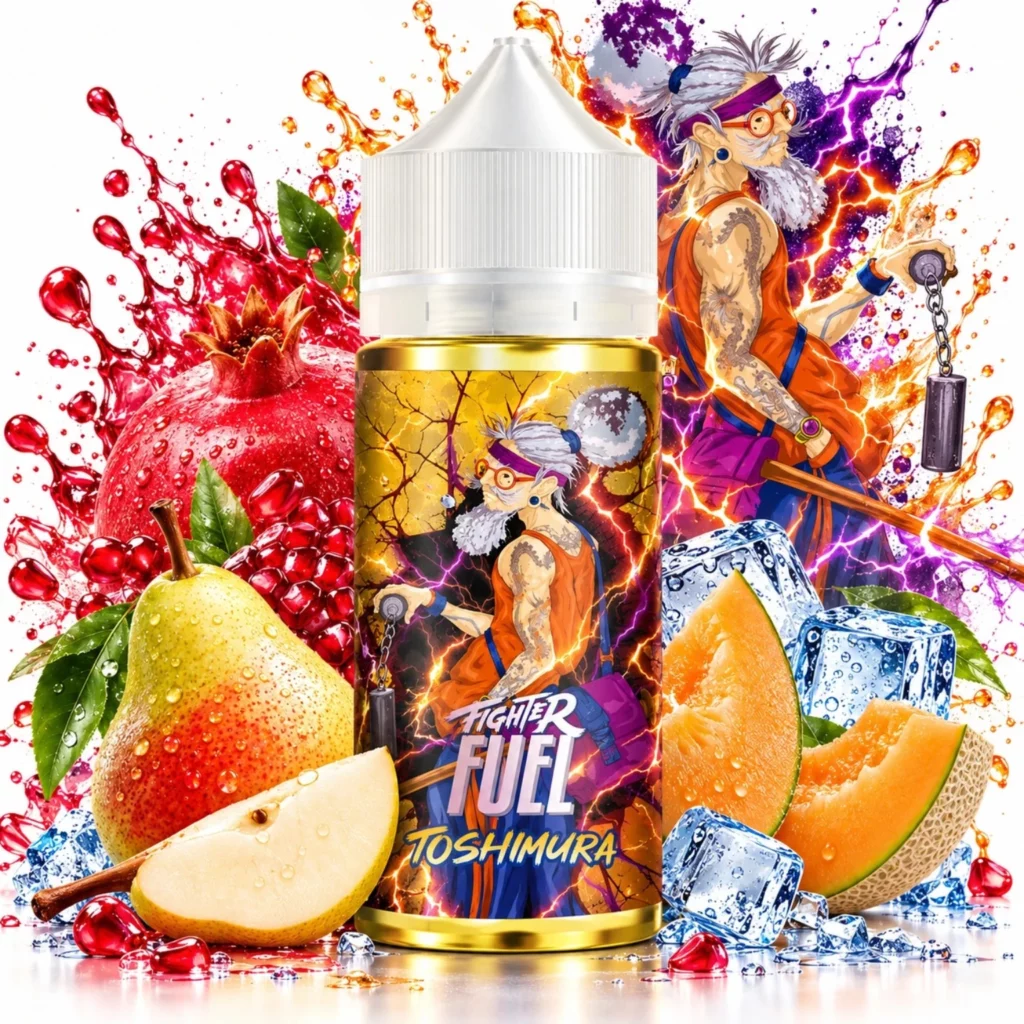 Flacon e-liquide Toshimura Fighter Fuel 100ml Maison Fuel saveur poire melon grenade fraîcheur