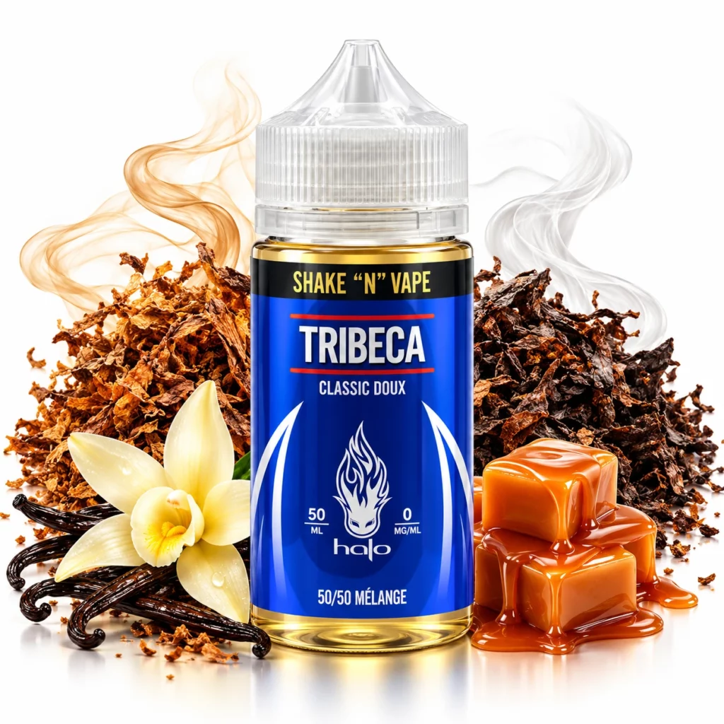 Flacon de e-liquide Tribeca Halo 50ml dans sa bouteille de 100ml prêt à booster