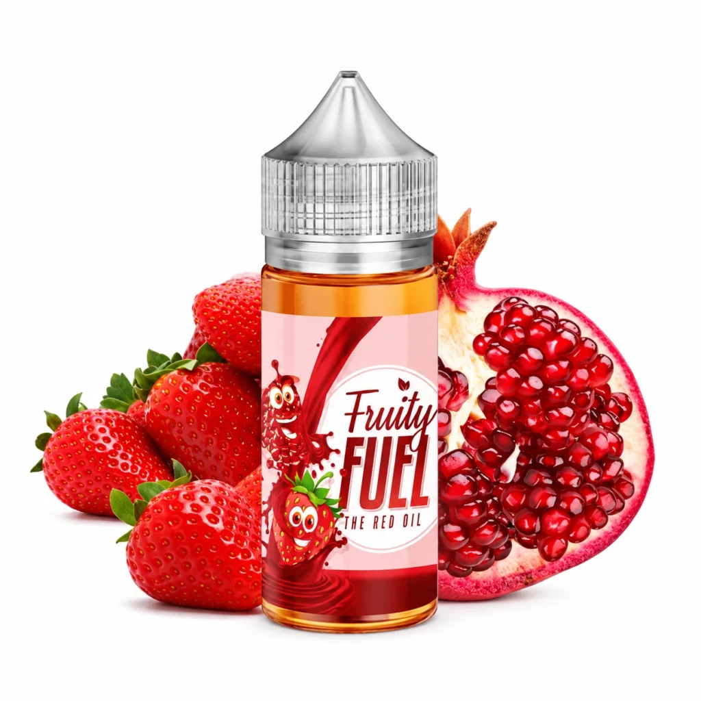 Flacon d'e-liquide The Red Oil 100ml Fruity Fuel par Maison Fuel saveur fraise grenade