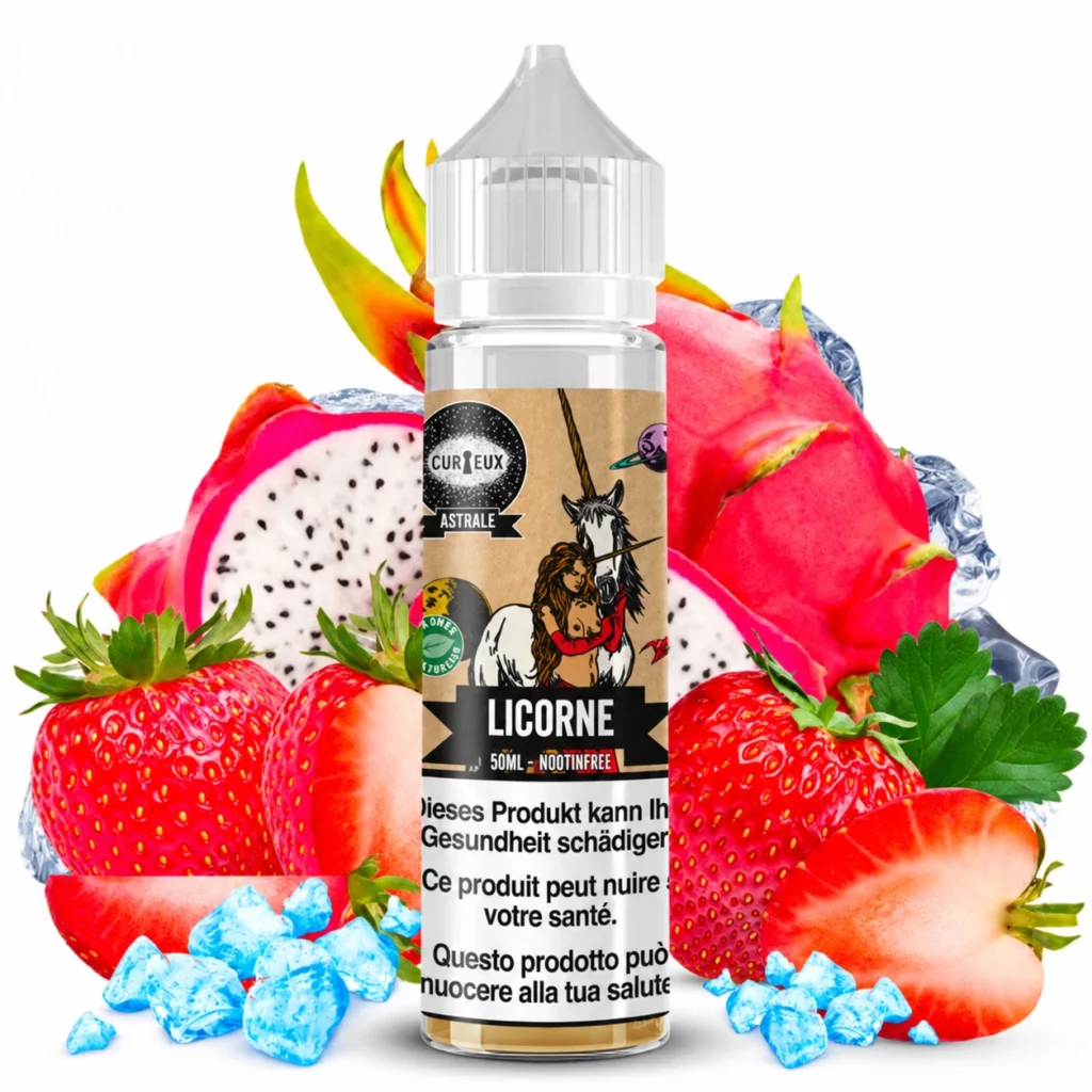 Flacon d e-liquide Licorne Curieux Édition Astrale 50ml saveur fraise et fruit du dragon