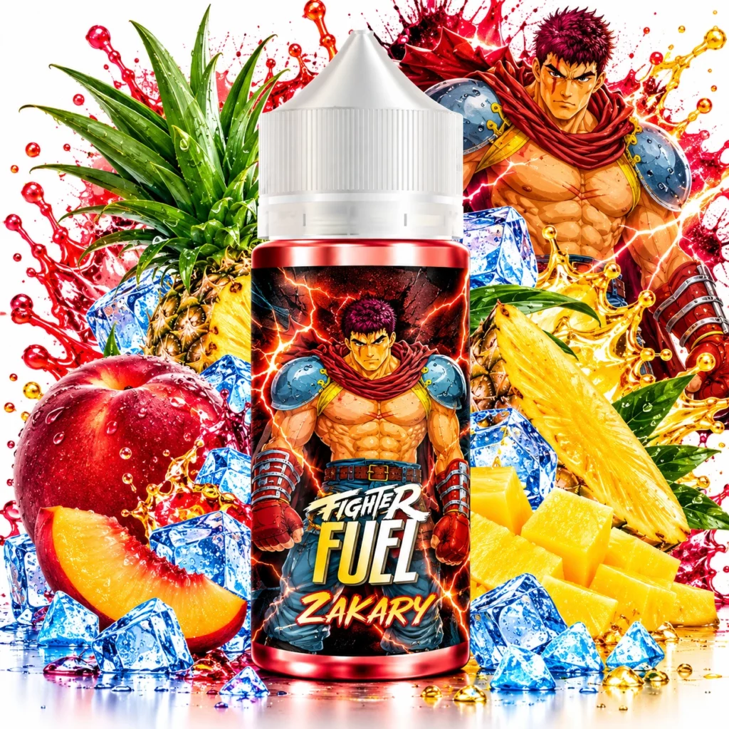 Flacon d'e-liquide Zakary Fighter Fuel 100ml par Maison Fuel saveur ananas et nectarine fraîche