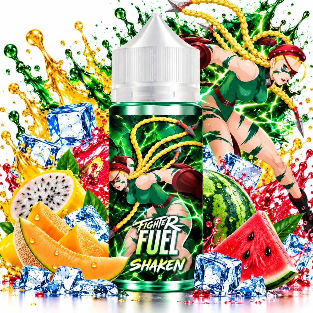 Flacon 100ml e-liquide Shaken Fighter Fuel par Maison Fuel saveur pitaya jaune pastèque melon