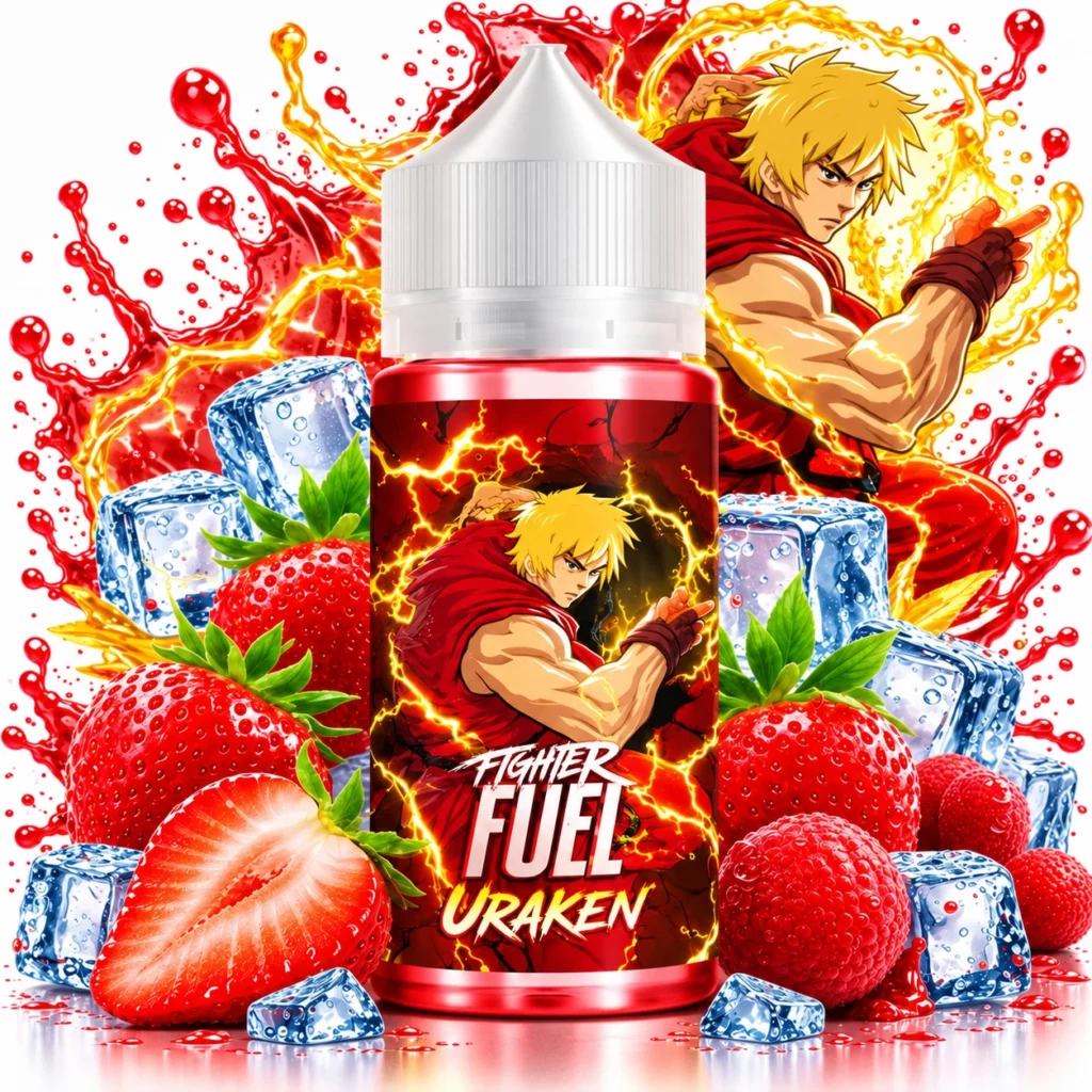 Flacon d'e-liquide Uraken Fighter Fuel 100ml par Maison Fuel saveur fraise arbouse fraîche