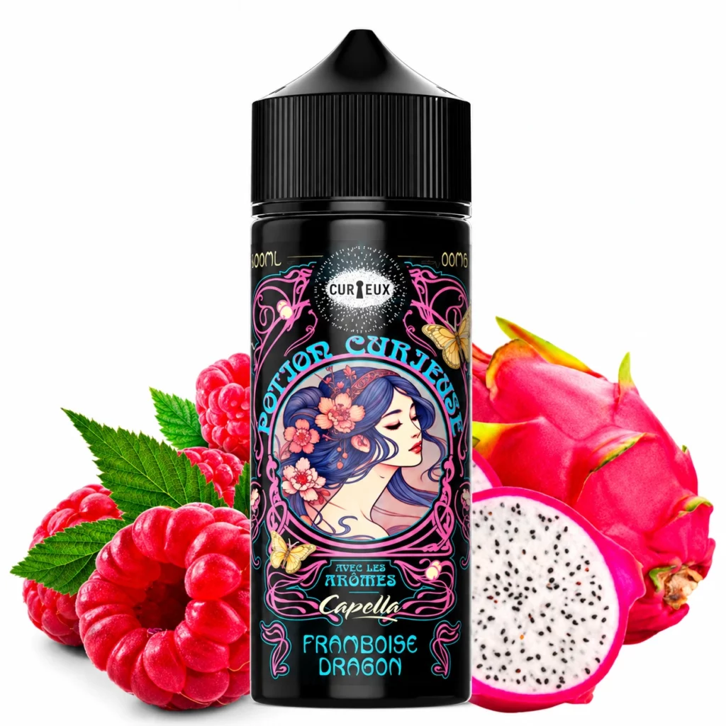 Flacon 100ml e-liquide Framboise Dragon Curieux gamme Potion Curieuse aromes Capella