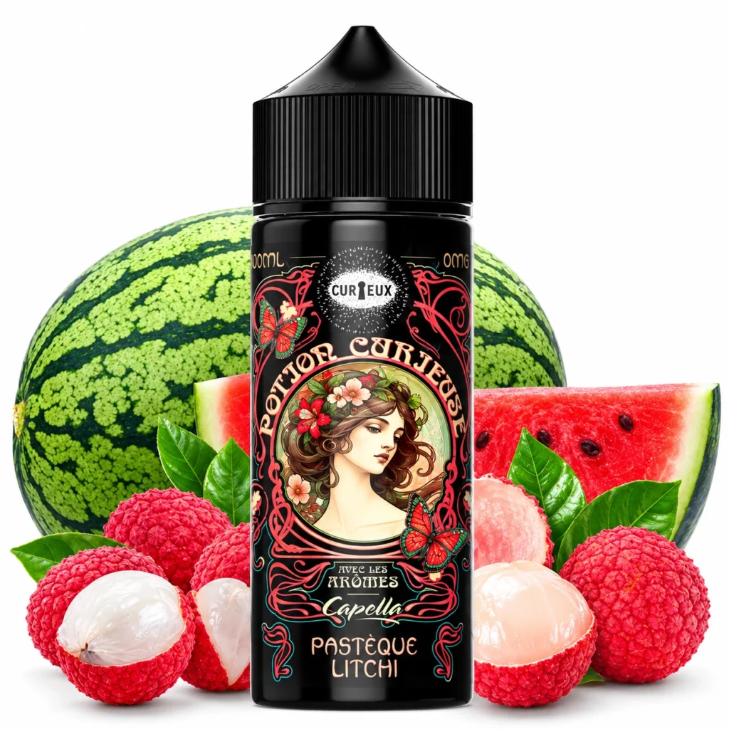 Flacon de e-liquide Pastèque Litchi Curieux 100 ml gamme Potion Curieuse arômes Capella