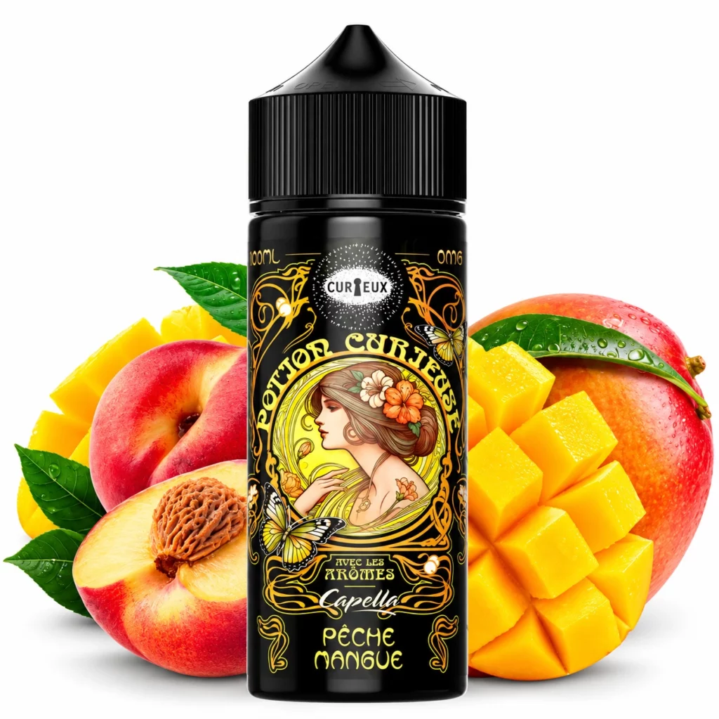Flacon e-liquide Pêche Mangue Potion Curieuse Curieux 100 ml arômes Capella